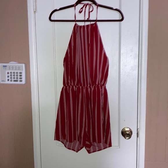 Offer or Bundle!  Romper - Maroon with stripes. Tie at neck. - Picture 1 of 4